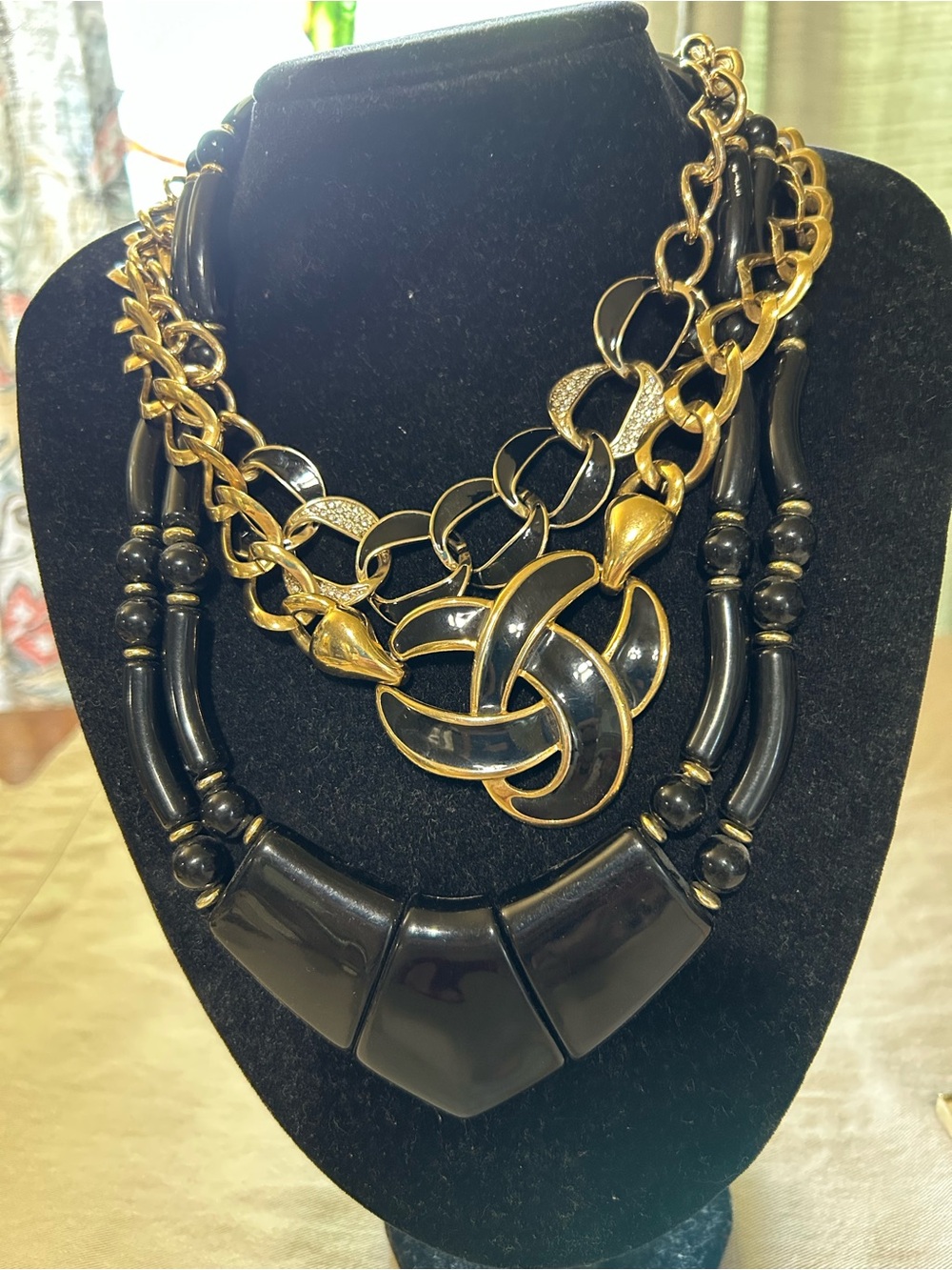 Vintage Classic Black Gold Enamel Lucite Lot Bundle 3 Necklace Napier 1990s